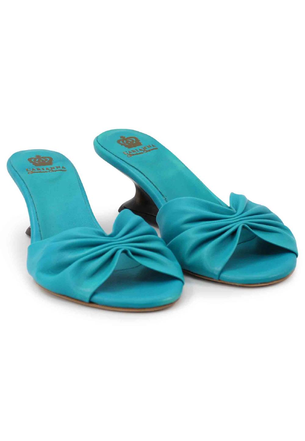 L'ARIANNA Sandali donna in pelle azzurra con zeppa bassa Italia
