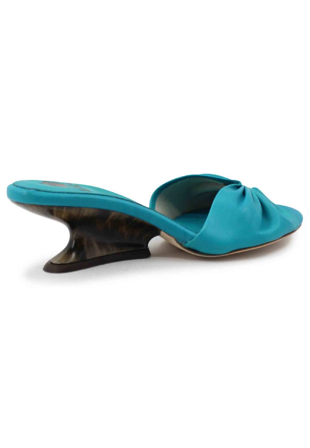 L'ARIANNA Sandali donna in pelle azzurra con zeppa bassa Italia