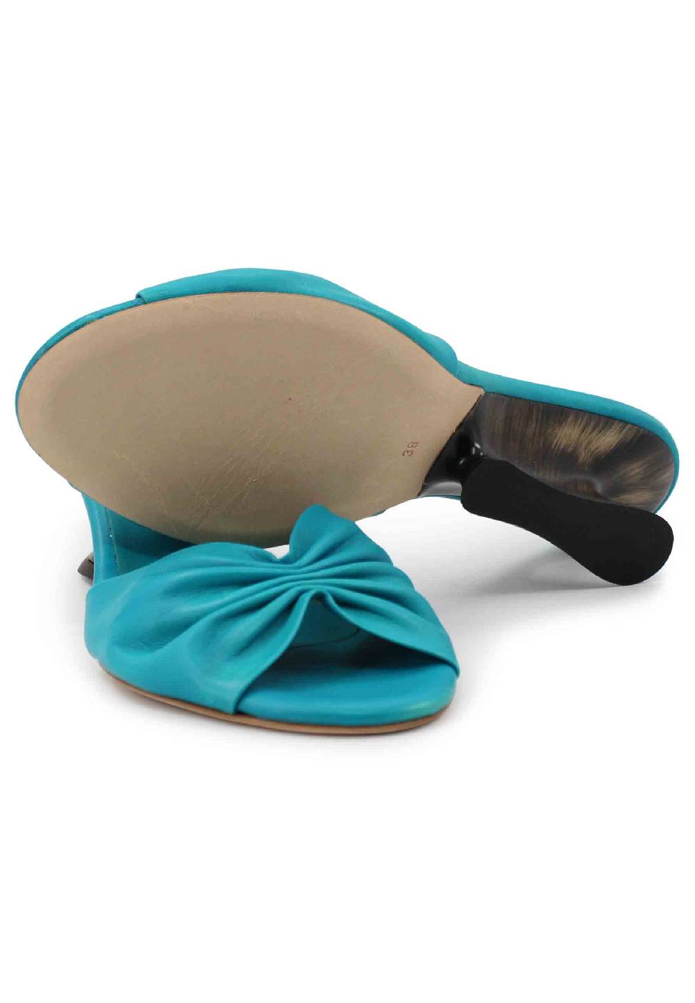 L'ARIANNA Sandali donna in pelle azzurra con zeppa bassa Italia