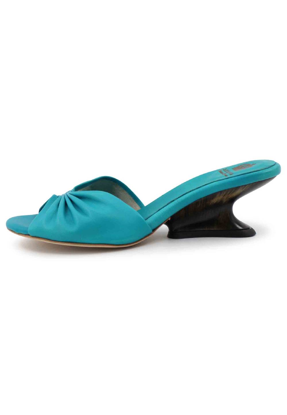 L'ARIANNA Sandali donna in pelle azzurra con zeppa bassa Italia