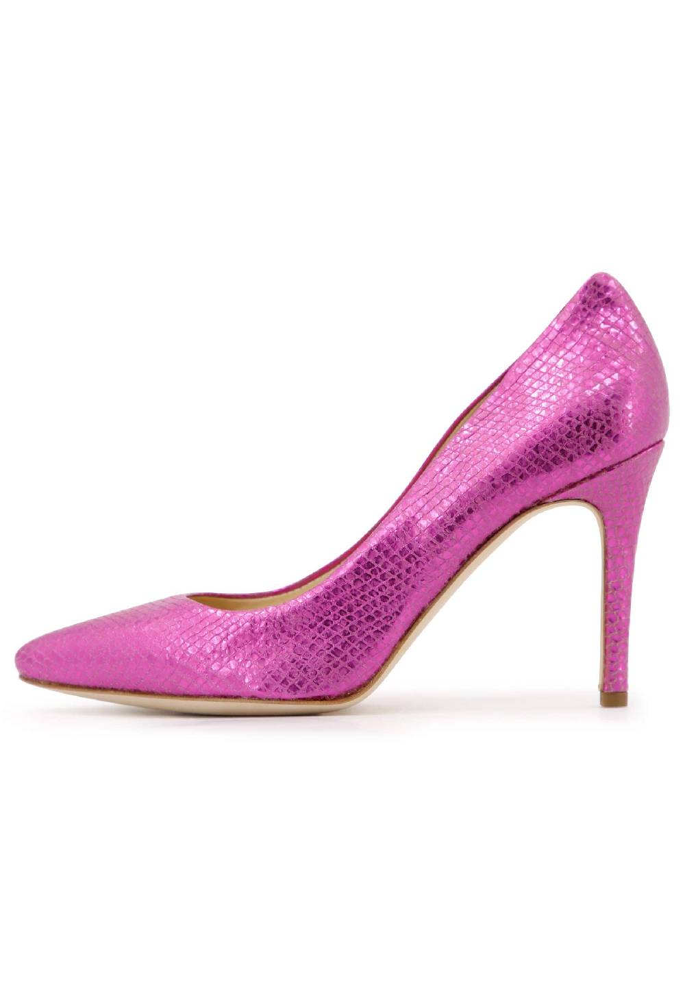 L'ARIANNA Decollete donna in pelle stampata laminata fuxia con tacco alto 2025