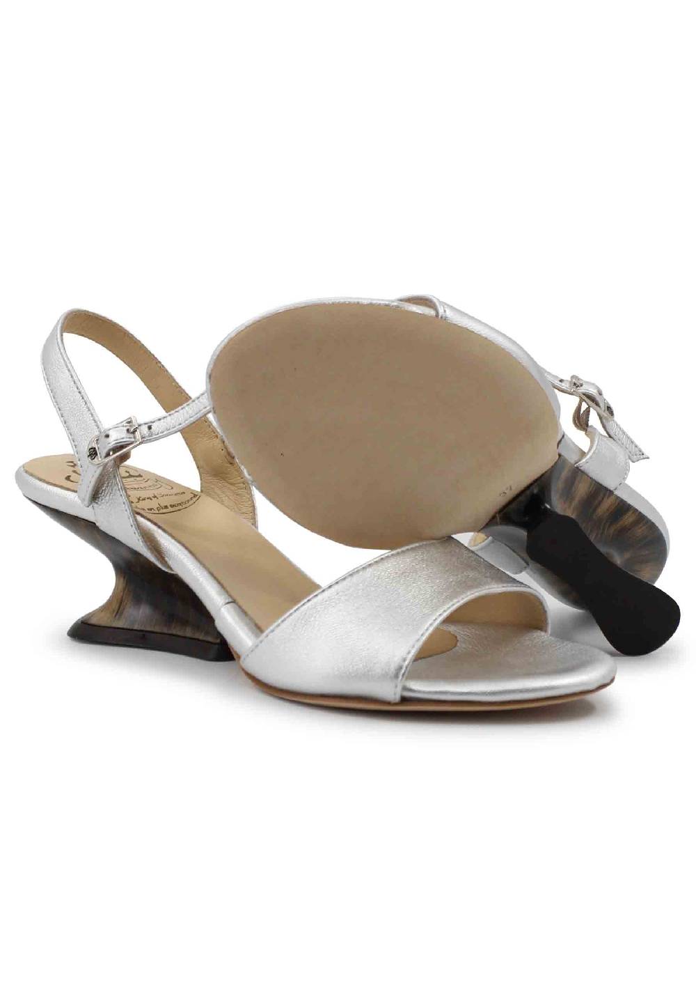 L'ARIANNA Sandali donna in pelle laminata argento con zeppa bassa Acquista Ora