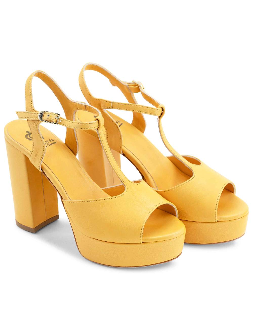 L'ARIANNA Sandali ds7010 donna in pelle color giallo con cinturino tacco alto e plateau Negozi Online