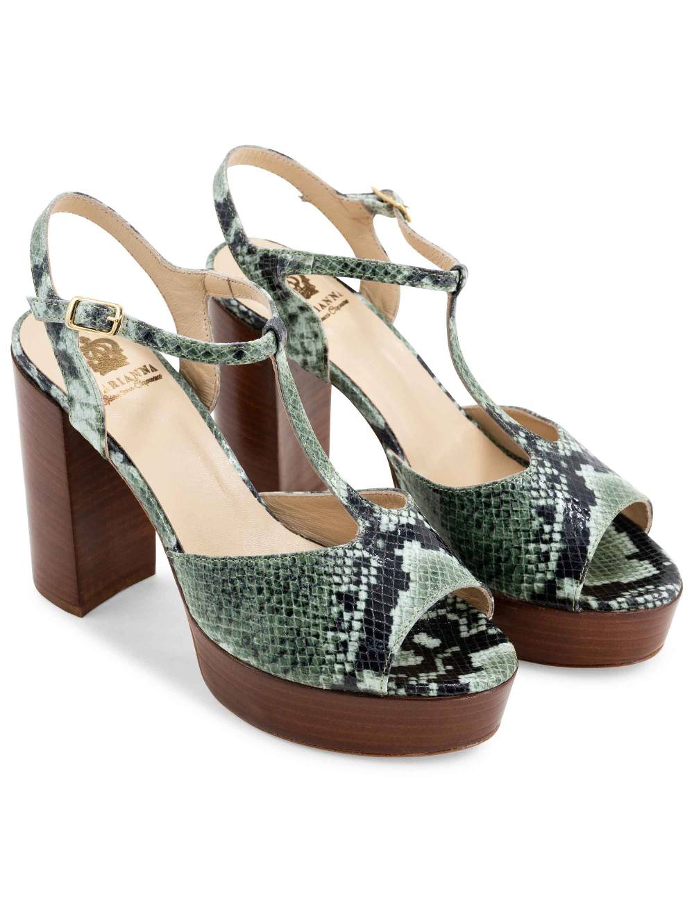 L'ARIANNA Sandali ds7010 donna in pelle stampata verde con cinturino tacco alto e plateau Acquista Ora