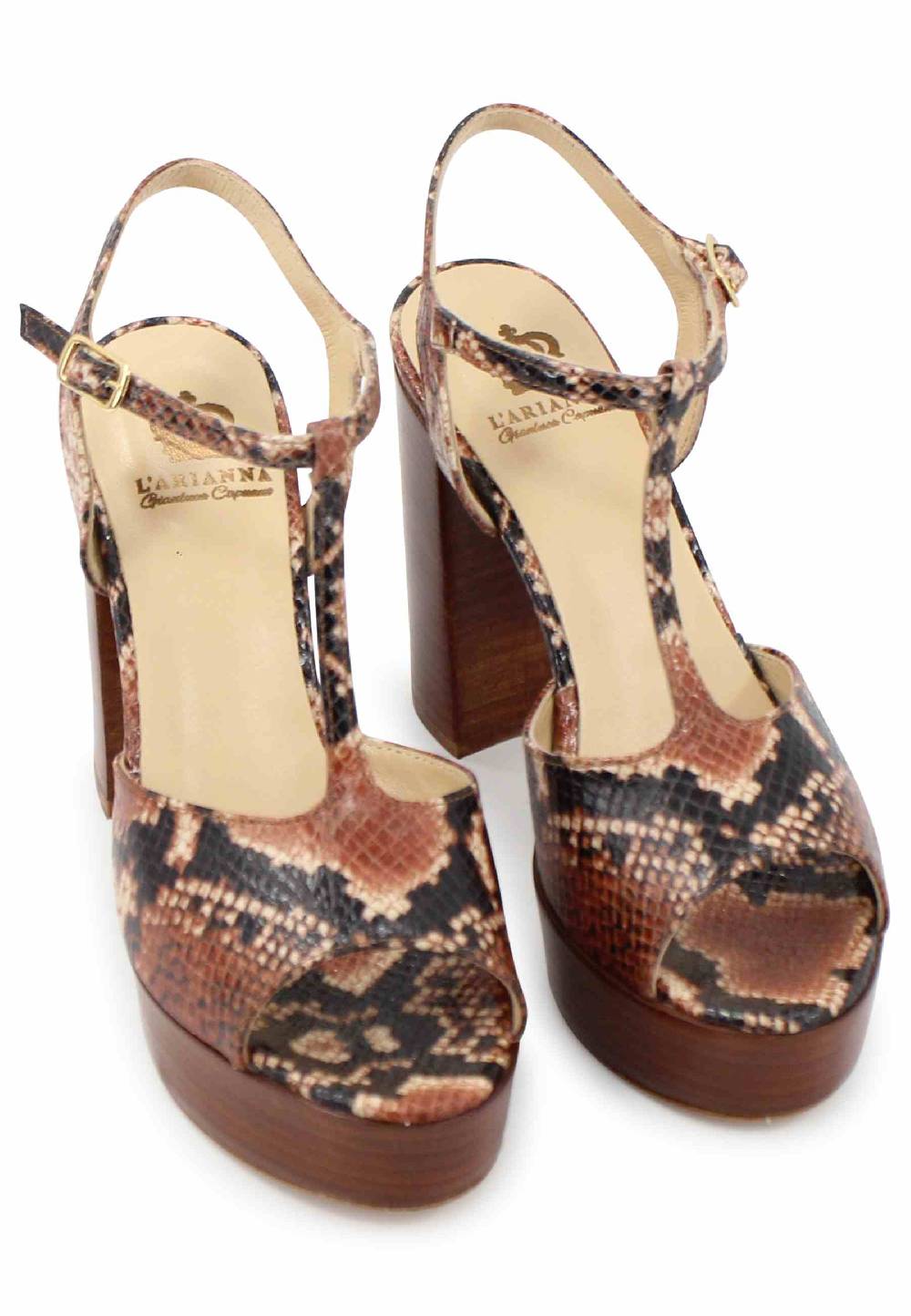 L'ARIANNA Sandali ds7010 donna in pelle stampata castagne con cinturino tacco alto e plateau Promozione Limitata