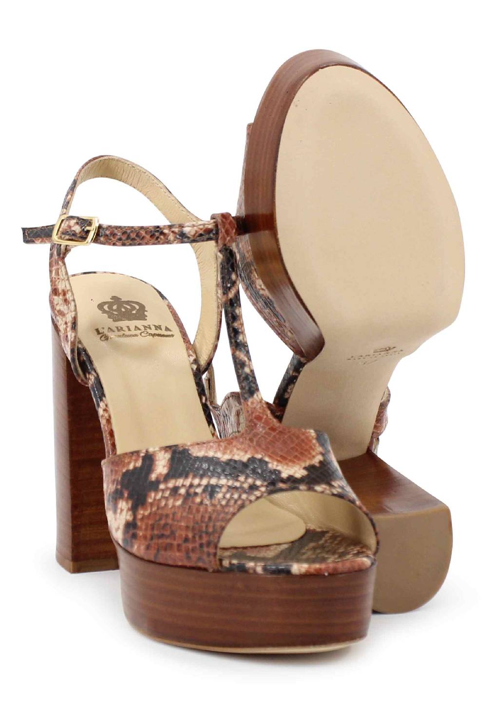 L'ARIANNA Sandali ds7010 donna in pelle stampata castagne con cinturino tacco alto e plateau Promozione Limitata