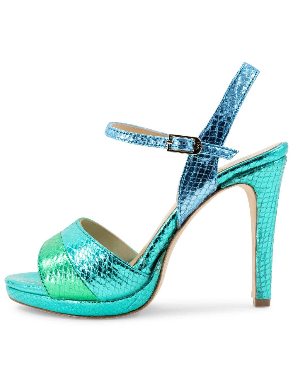 L'ARIANNA Sandali ds1643 da donna in pelle laminata rettile verde e azzurra con tacco alto e platò, con cinturino alla caviglia Affare Del Giorno