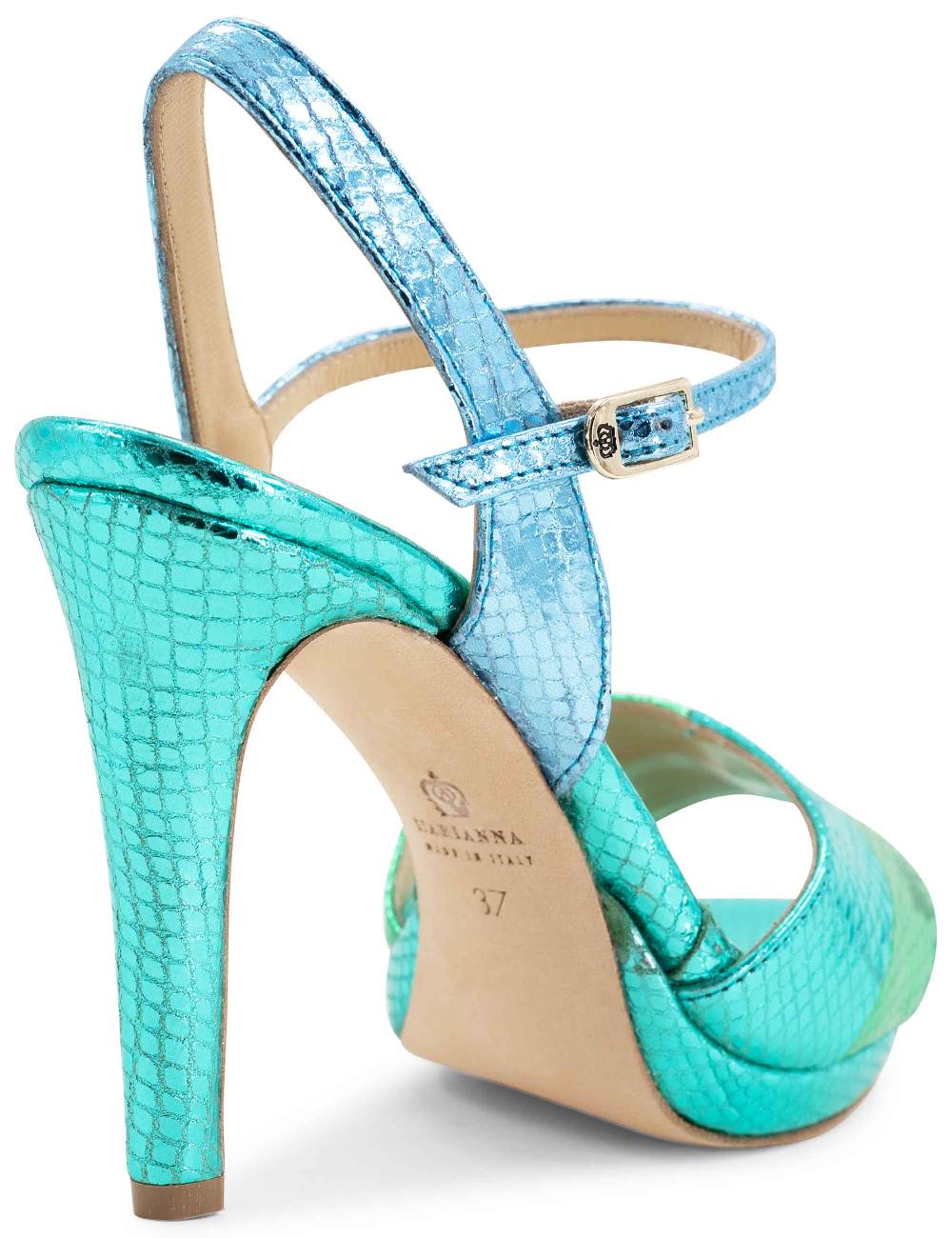 L'ARIANNA Sandali ds1643 da donna in pelle laminata rettile verde e azzurra con tacco alto e platò, con cinturino alla caviglia Affare Del Giorno