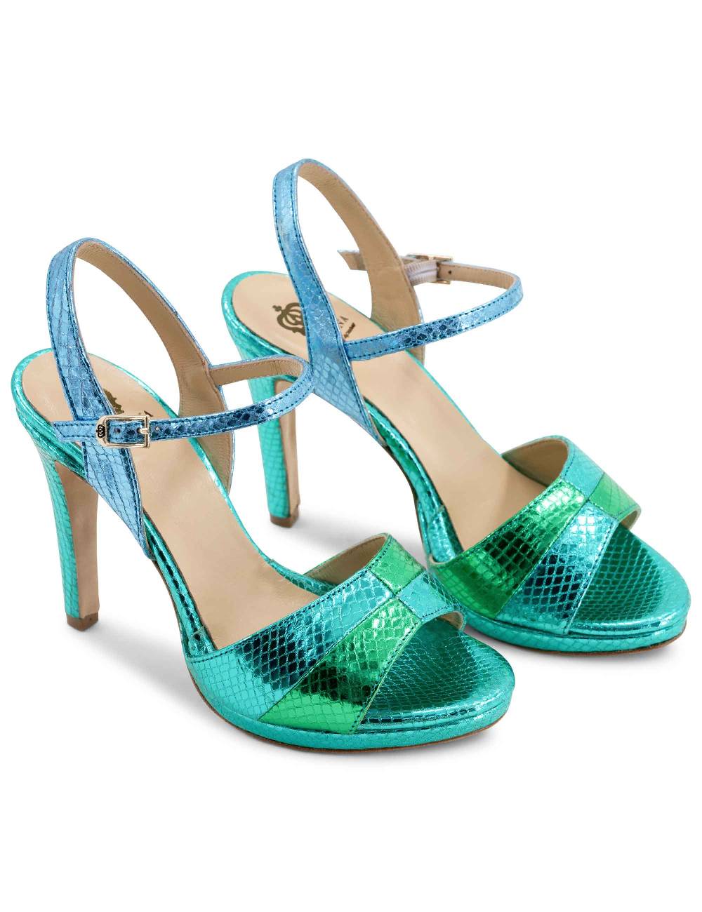 L'ARIANNA Sandali ds1643 da donna in pelle laminata rettile verde e azzurra con tacco alto e platò, con cinturino alla caviglia Affare Del Giorno