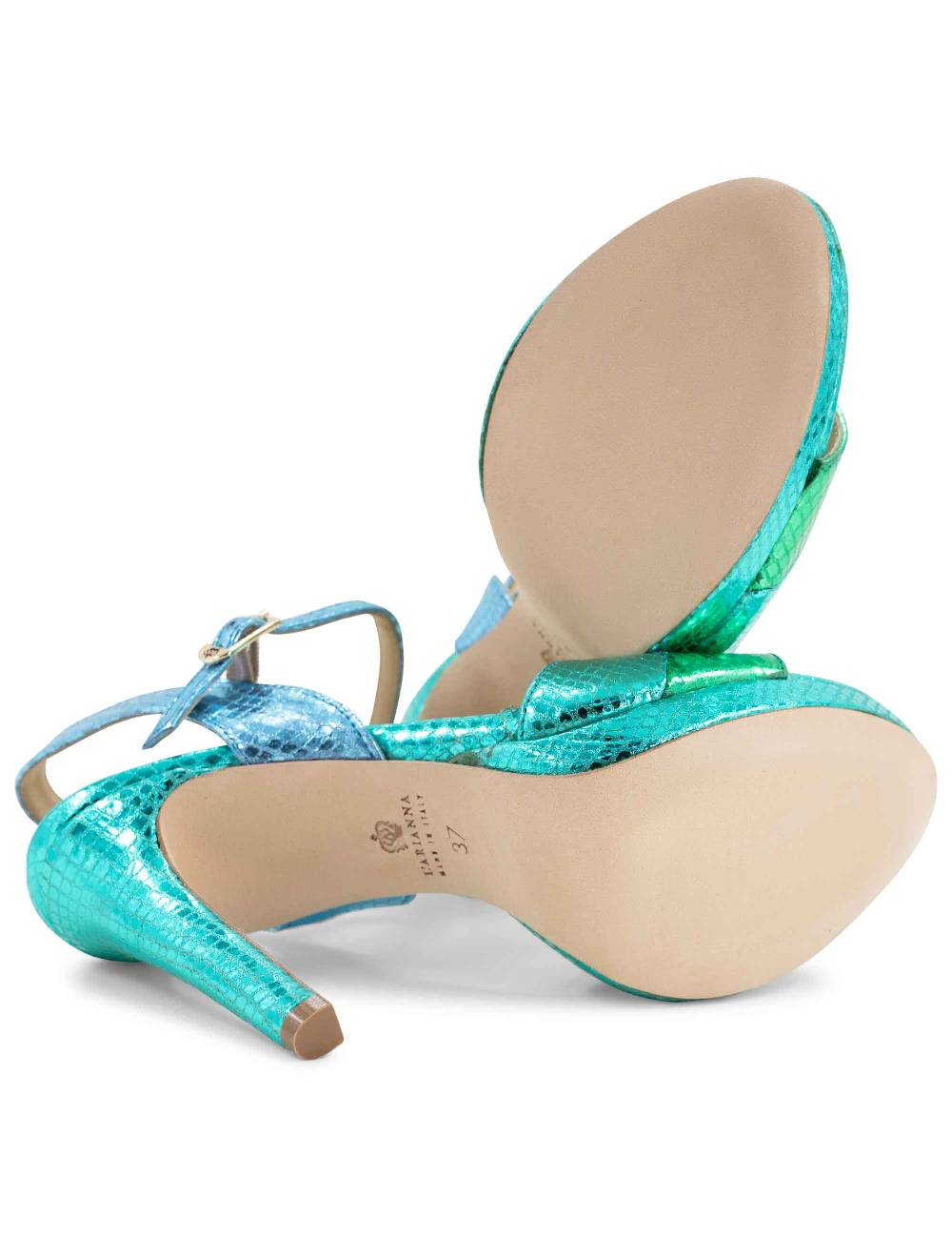 L'ARIANNA Sandali ds1643 da donna in pelle laminata rettile verde e azzurra con tacco alto e platò, con cinturino alla caviglia Affare Del Giorno