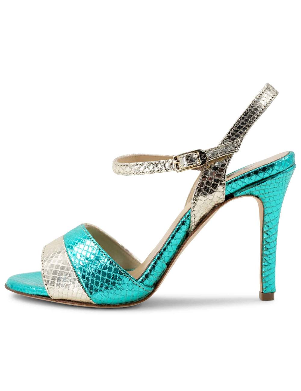 L'ARIANNA Sandali ds1643 da donna in pelle laminata rettile verde e argento con tacco alto e con cinturino alla caviglia Prezzo Ridotto