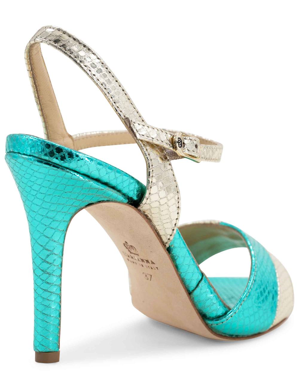 L'ARIANNA Sandali ds1643 da donna in pelle laminata rettile verde e argento con tacco alto e con cinturino alla caviglia Prezzo Ridotto