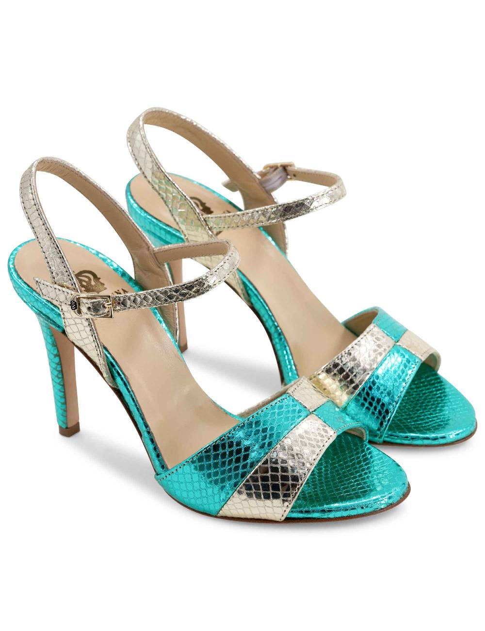 L'ARIANNA Sandali ds1643 da donna in pelle laminata rettile verde e argento con tacco alto e con cinturino alla caviglia Prezzo Ridotto