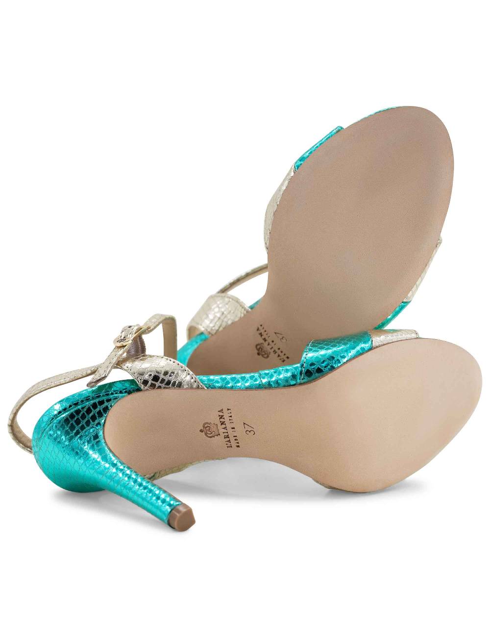L'ARIANNA Sandali ds1643 da donna in pelle laminata rettile verde e argento con tacco alto e con cinturino alla caviglia Prezzo Ridotto