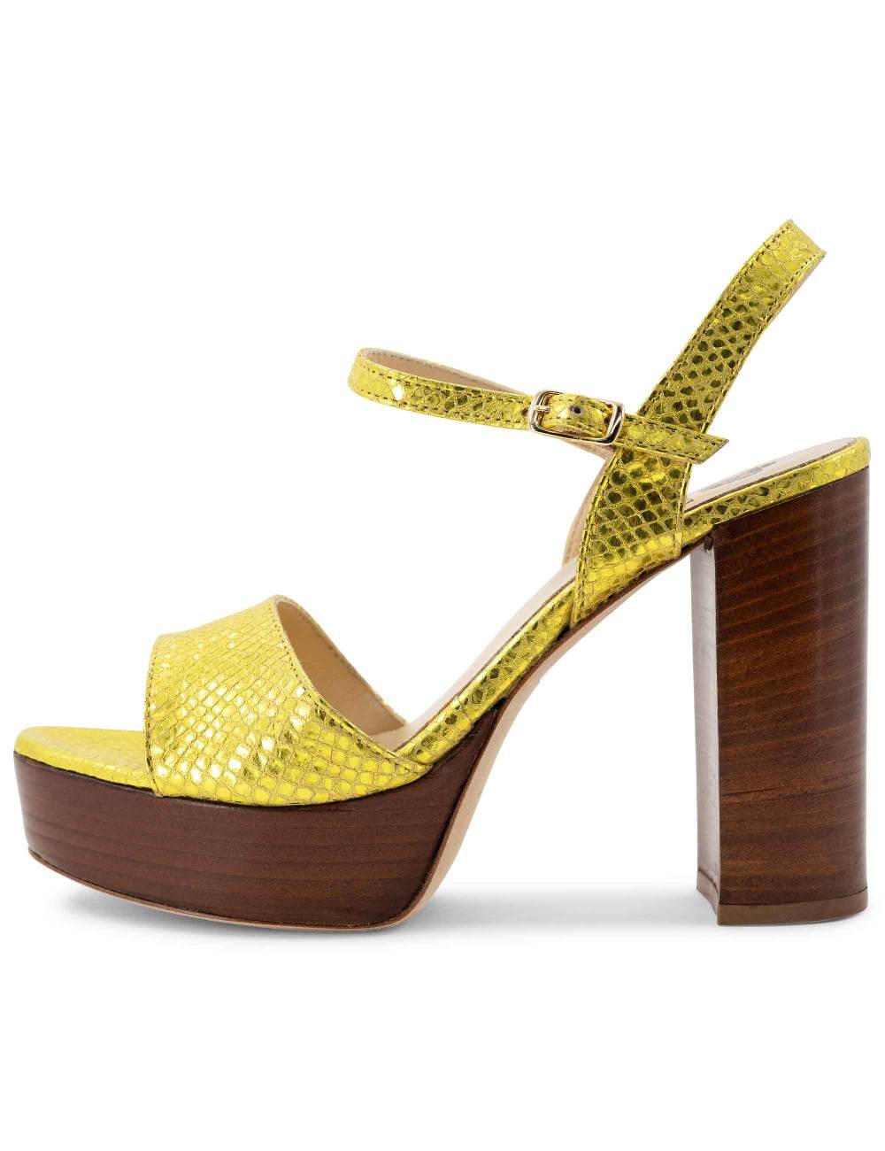 L'ARIANNA Sandali DS1610 donna in pelle stampata laminata giallo con tacco alto e plateau Novità