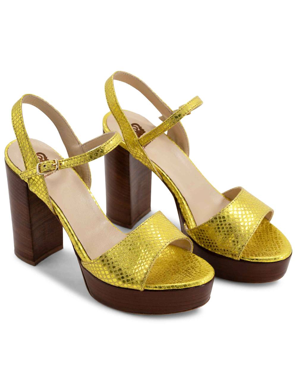 L'ARIANNA Sandali DS1610 donna in pelle stampata laminata giallo con tacco alto e plateau Novità