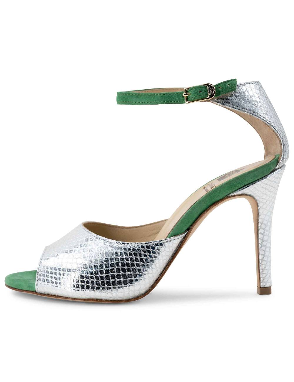 L'ARIANNA Sandali DS1518 donna in pelle laminata jeans effetto rettile e camoscio verde con tacco alto e cinturino alla caviglia L'Arianna Offerta