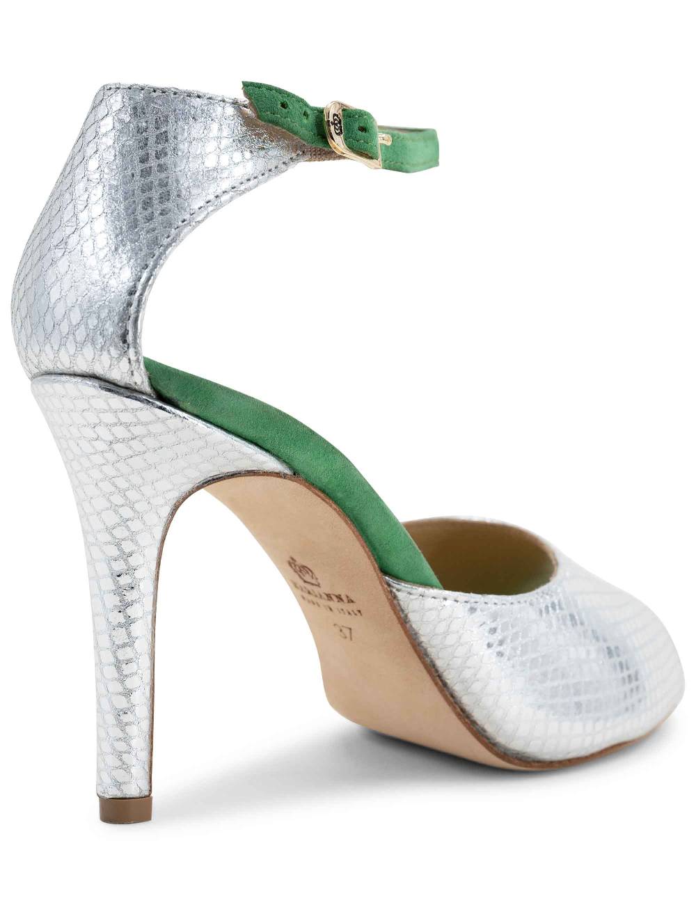 L'ARIANNA Sandali DS1518 donna in pelle laminata jeans effetto rettile e camoscio verde con tacco alto e cinturino alla caviglia L'Arianna Offerta