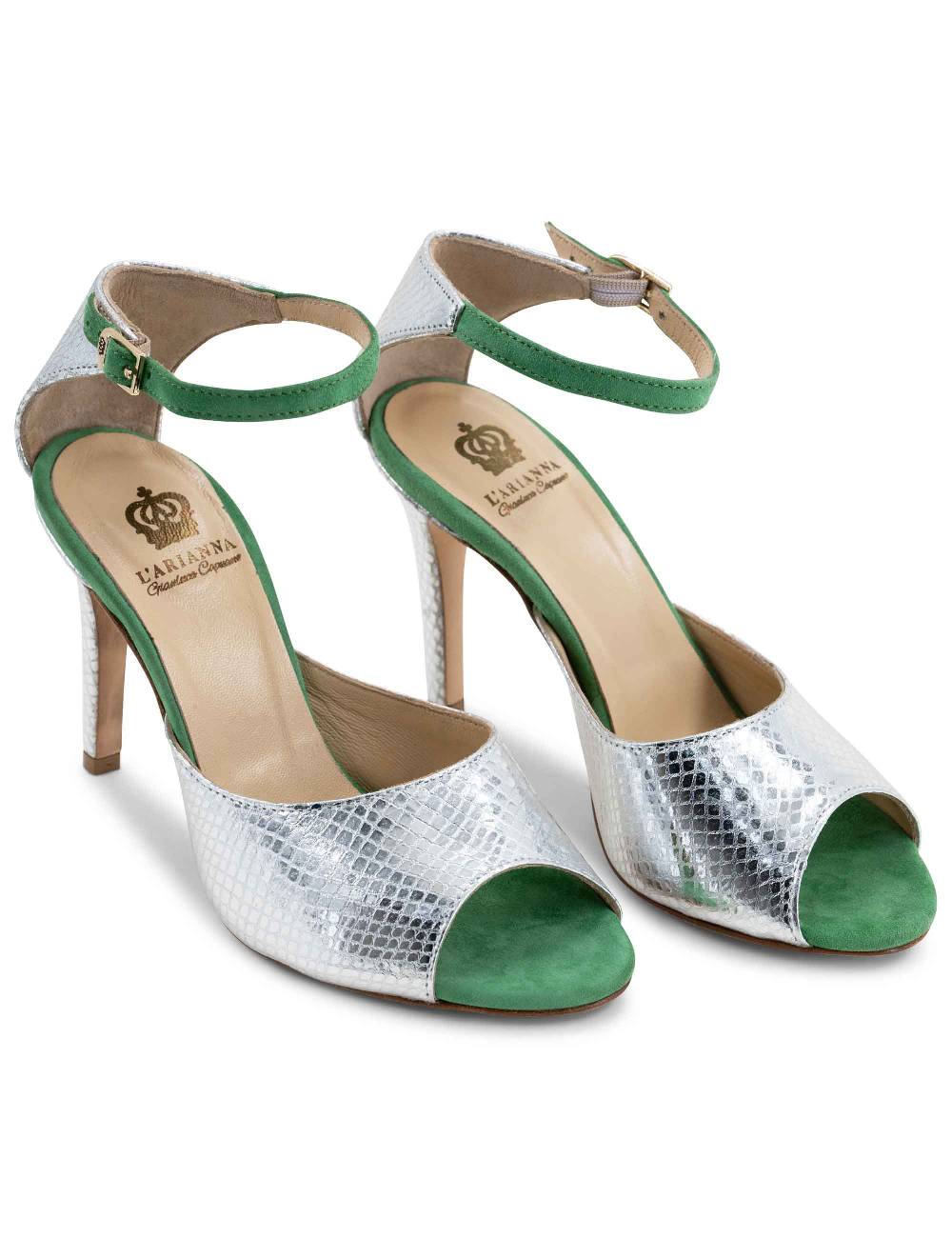 L'ARIANNA Sandali DS1518 donna in pelle laminata jeans effetto rettile e camoscio verde con tacco alto e cinturino alla caviglia L'Arianna Offerta