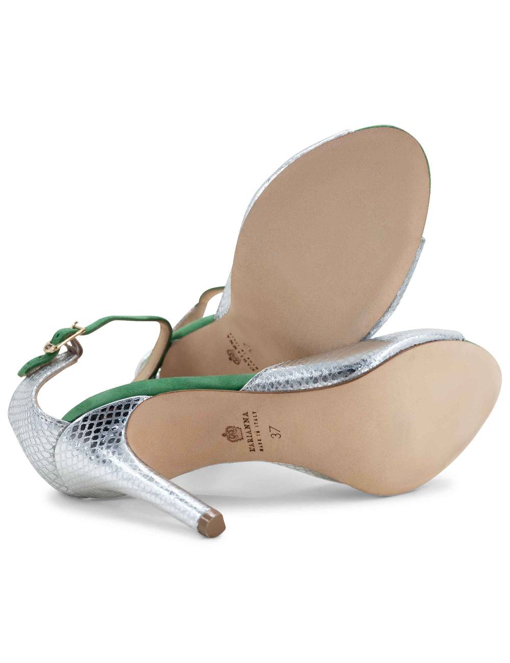 L'ARIANNA Sandali DS1518 donna in pelle laminata jeans effetto rettile e camoscio verde con tacco alto e cinturino alla caviglia L'Arianna Offerta