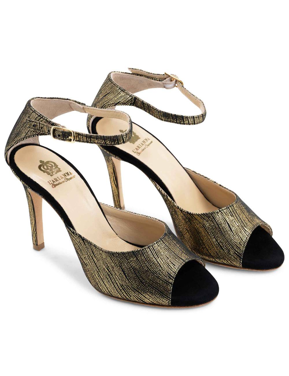 L'ARIANNA Sandali DS1518 donna in camoscio nero e lucry oro con tacco alto e cinturino alla caviglia L'Arianna Economico