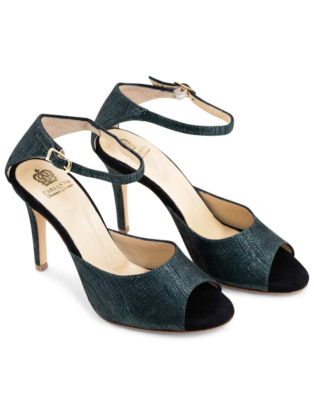 L'ARIANNA Sandali DS1518 donna in camoscio nero e lucry verde con tacco alto e cinturino alla caviglia L'Arianna Online