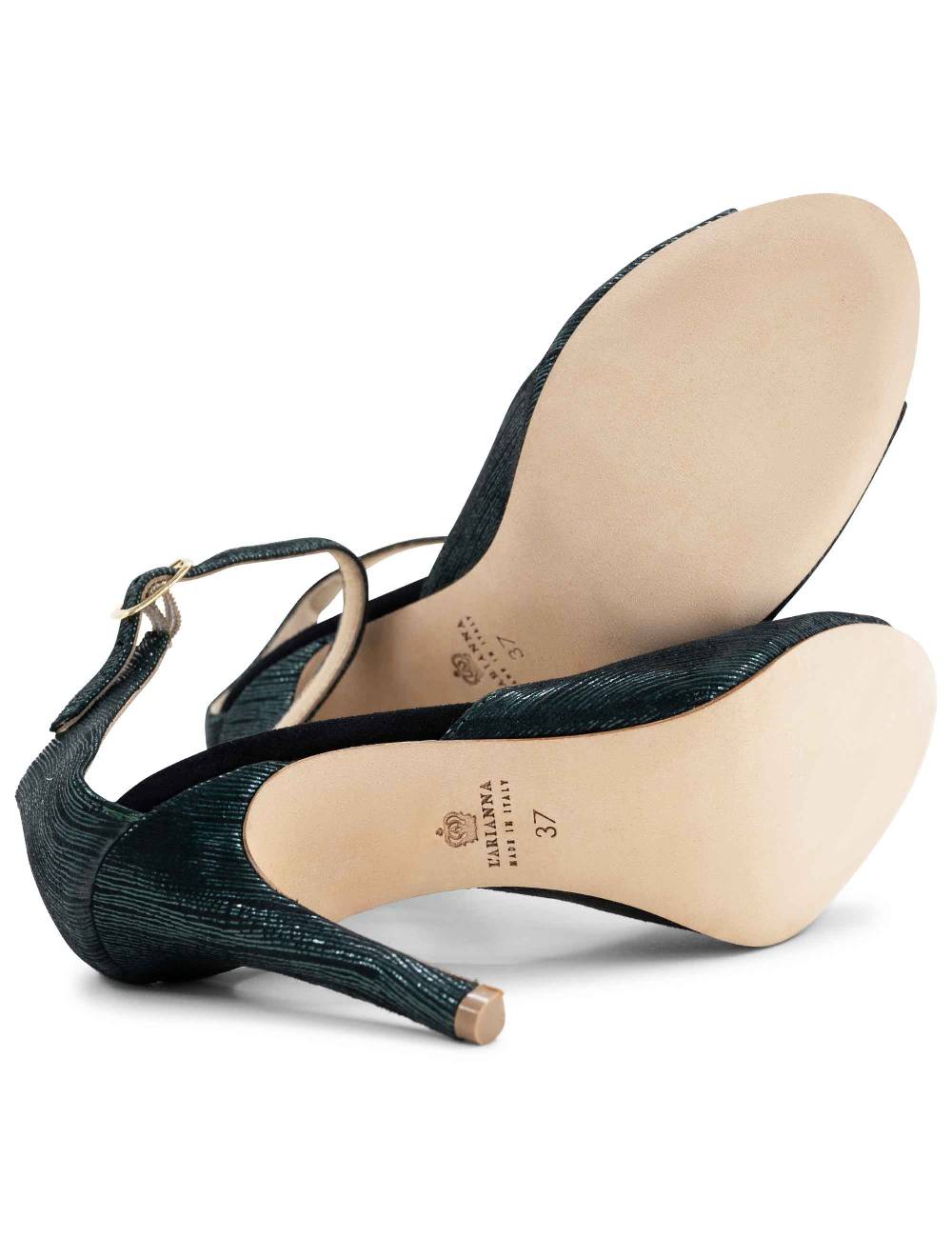 L'ARIANNA Sandali DS1518 donna in camoscio nero e lucry verde con tacco alto e cinturino alla caviglia L'Arianna Online