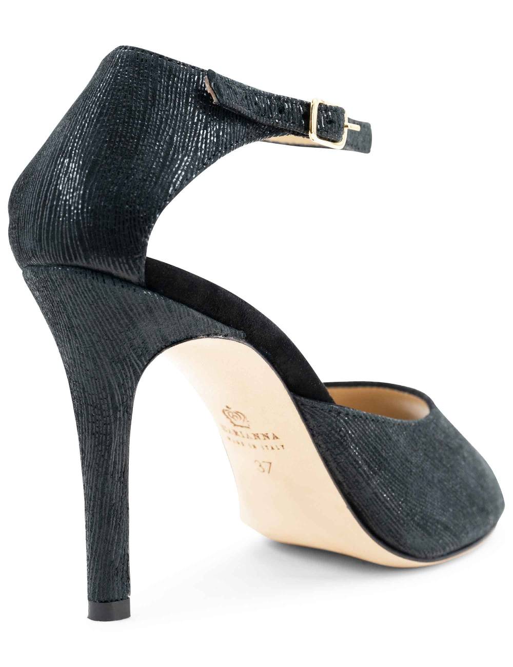 L'ARIANNA Sandali DS1518 donna in camoscio nero e lucry nero con tacco alto e cinturino alla caviglia L'Arianna Outlet