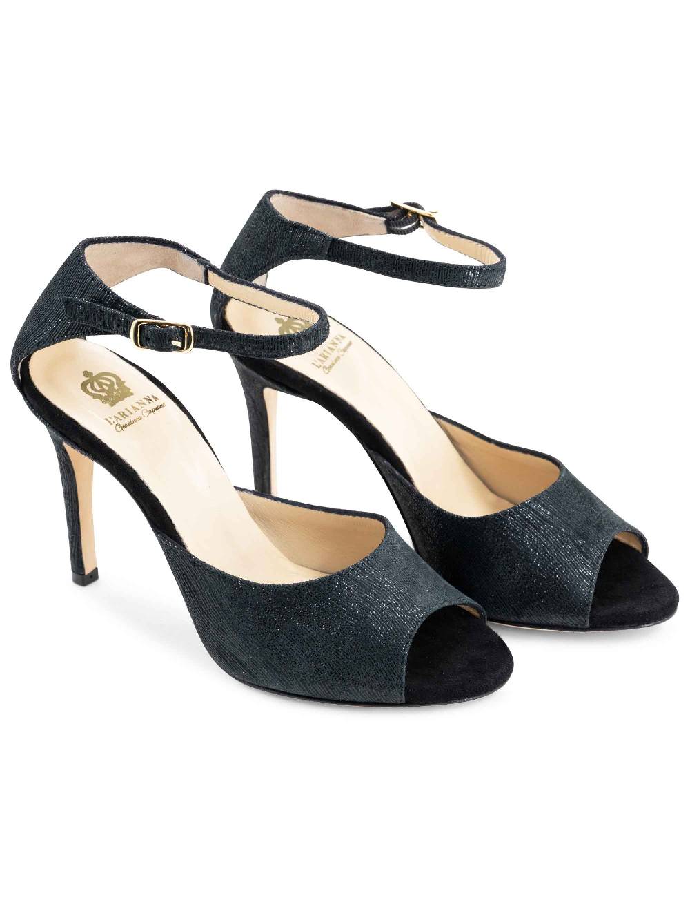 L'ARIANNA Sandali DS1518 donna in camoscio nero e lucry nero con tacco alto e cinturino alla caviglia L'Arianna Outlet