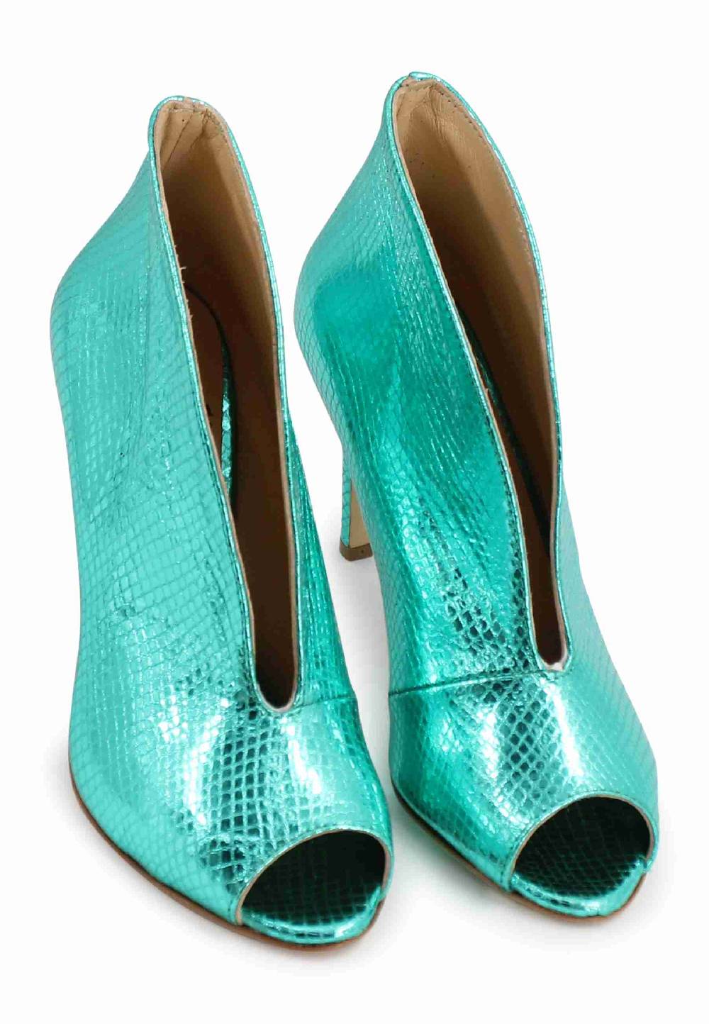 L'ARIANNA tronchetto SP8004 open toe donna in pelle laminata verde tacco alto Saldi Di Fabbrica
