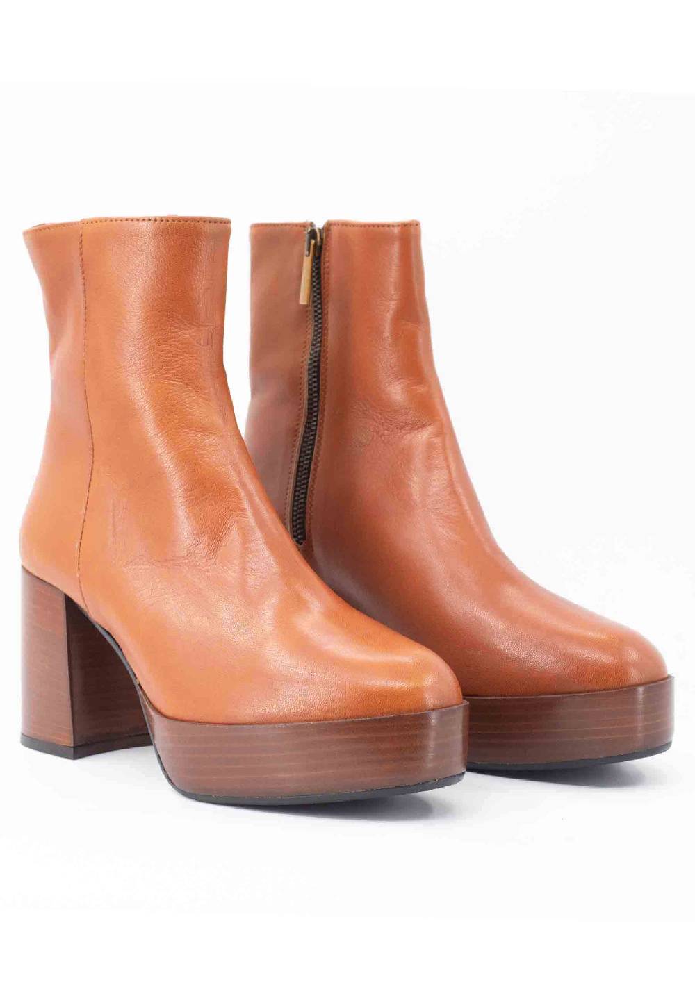 L'ARIANNA Stivaletti TR1556 in pelle cuoio con tacco alto e plateau con zip laterale di chiusura Moda