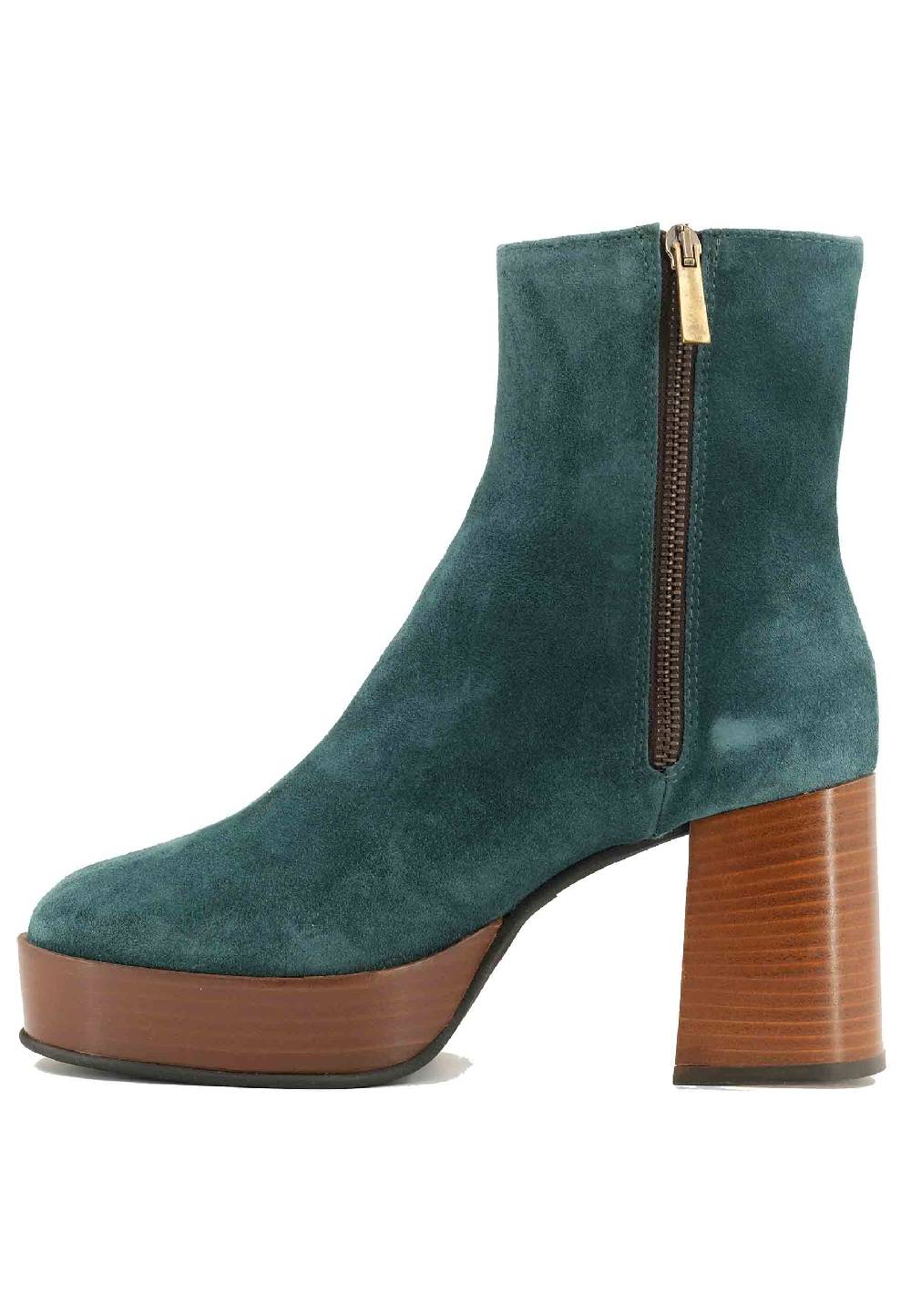 L'ARIANNA Stivaletti TR1556 in camoscio verde petrolio con tacco alto e plateau con zip laterale di chiusura Italy
