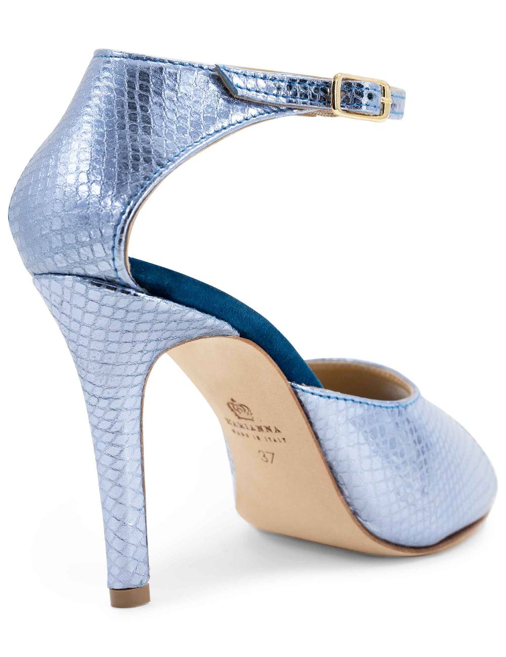 L'ARIANNA Sandali DS1518 donna in pelle laminata jeans effetto rettile e camoscio oceano con tacco alto e cinturino alla caviglia L'Arianna Saldi