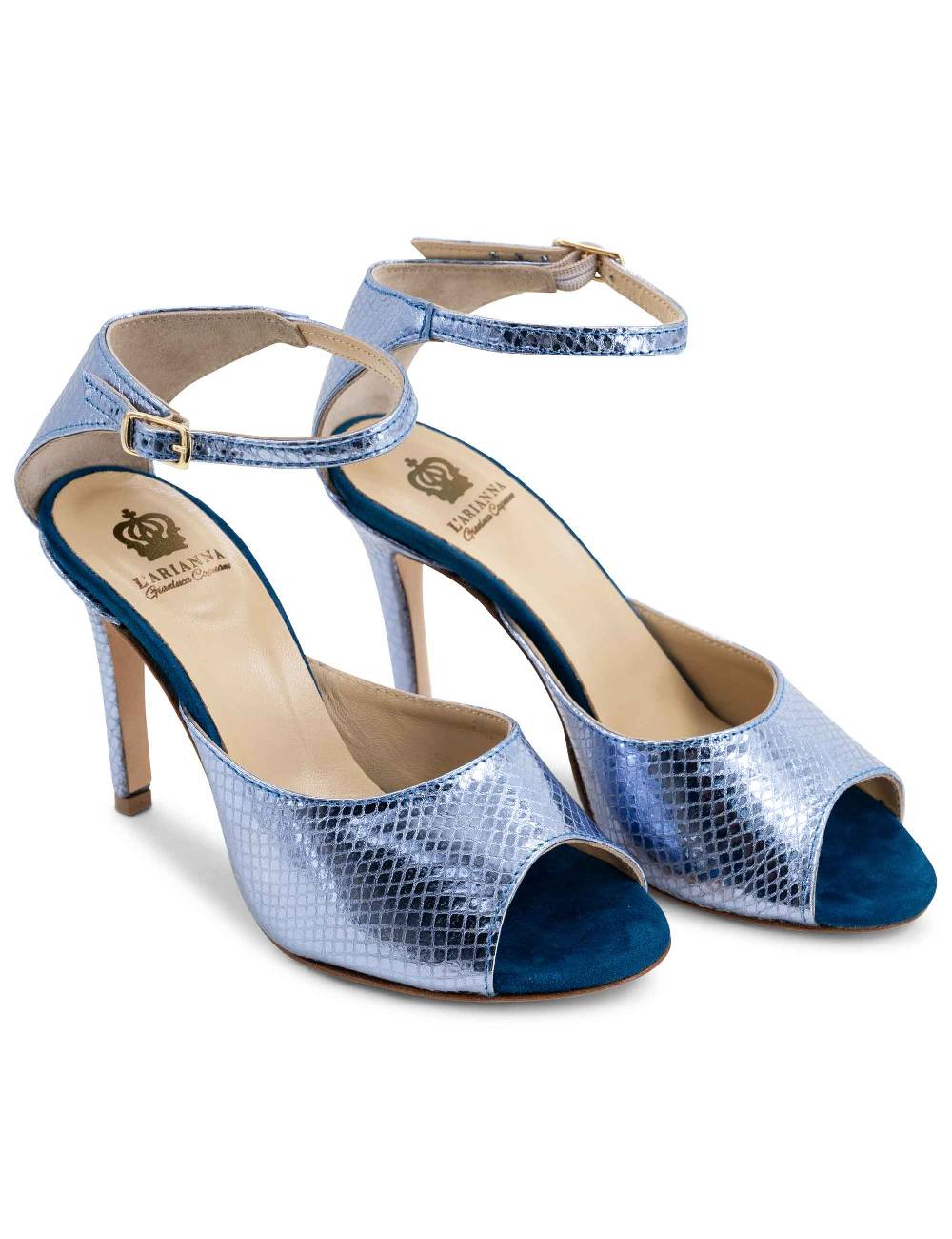 L'ARIANNA Sandali DS1518 donna in pelle laminata jeans effetto rettile e camoscio oceano con tacco alto e cinturino alla caviglia L'Arianna Saldi