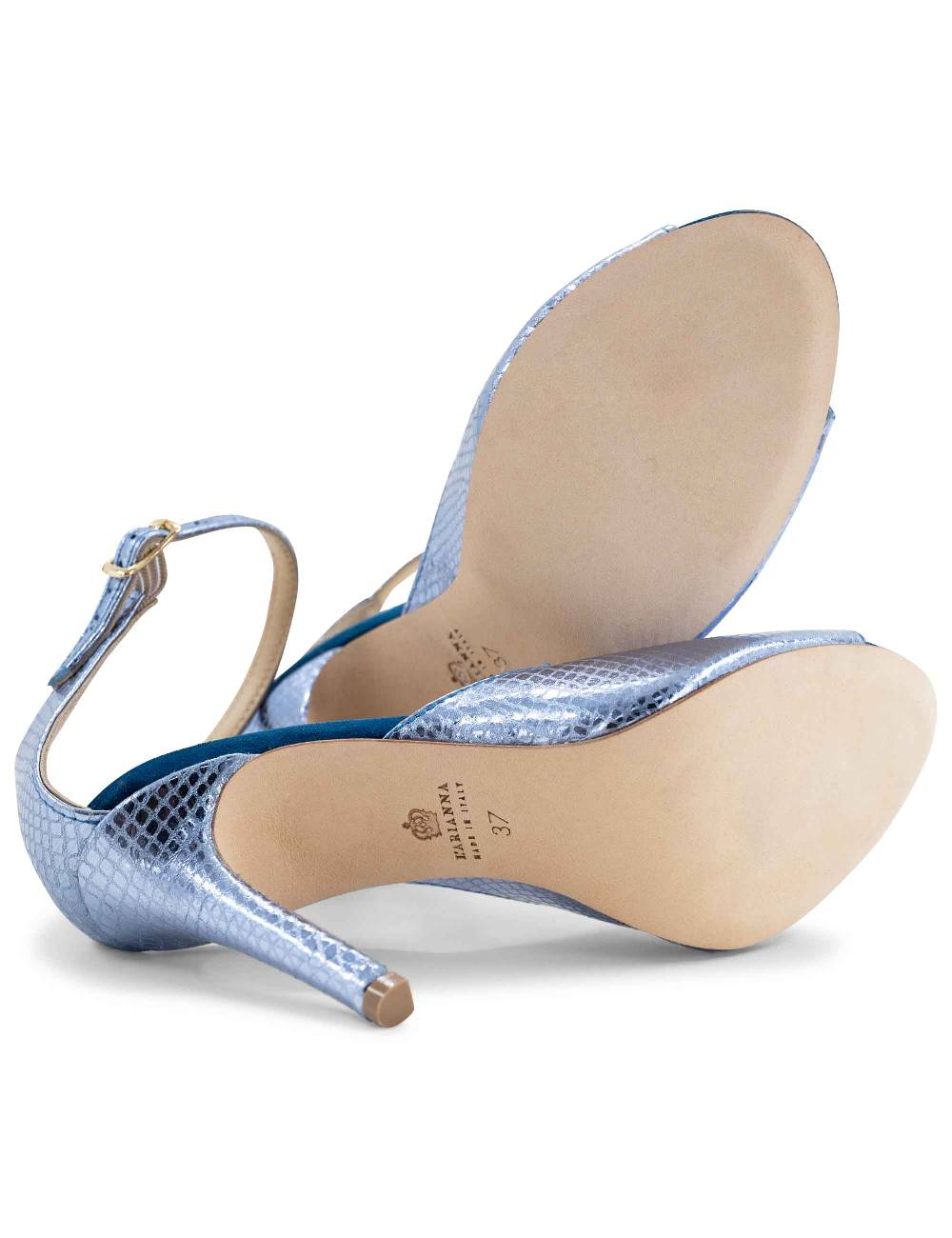 L'ARIANNA Sandali DS1518 donna in pelle laminata jeans effetto rettile e camoscio oceano con tacco alto e cinturino alla caviglia L'Arianna Saldi