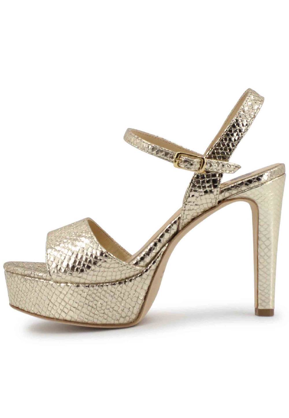 L'ARIANNA Sandali DS1610 donna in pelle laminata stampata platino con tacco alto e plateau Vendita Economica