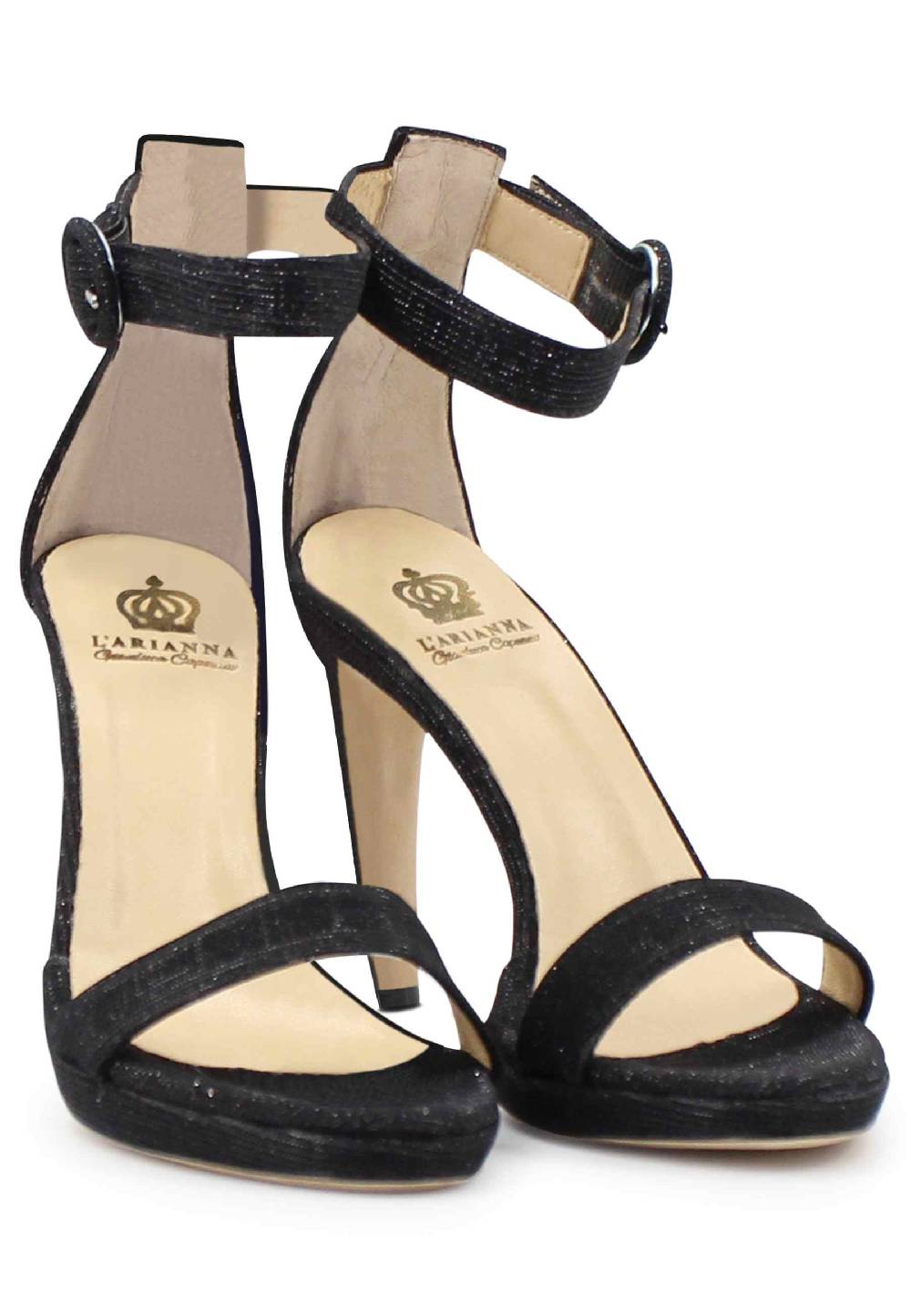 L'ARIANNA Sandali DS7016 donna in tessuto luminor blu notte tacco alto e cinturino alla caviglia Saldi Di Fabbrica