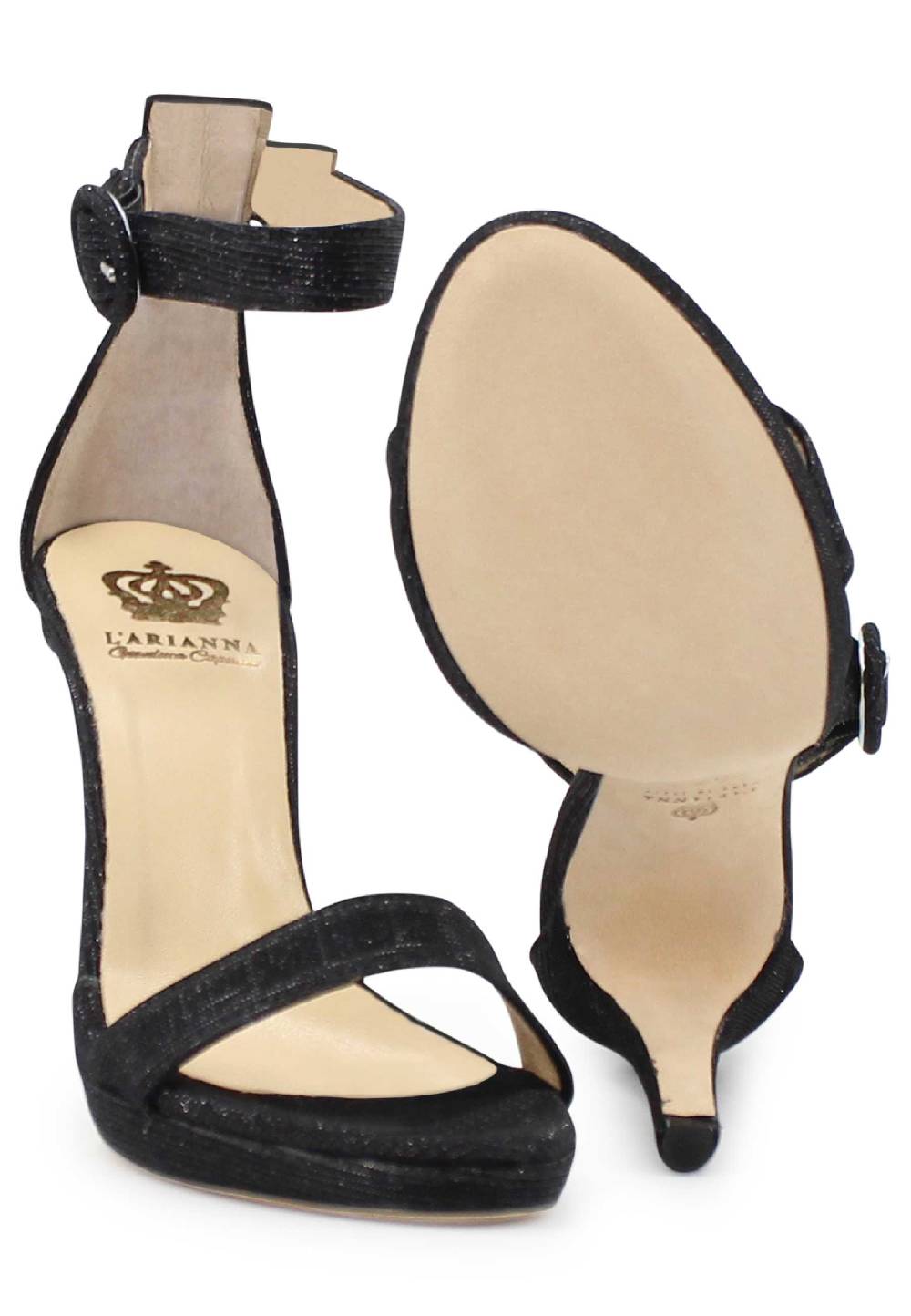 L'ARIANNA Sandali DS7016 donna in tessuto luminor blu notte tacco alto e cinturino alla caviglia Saldi Di Fabbrica