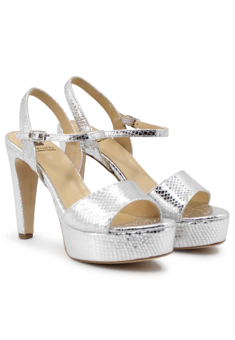 L'ARIANNA Sandali DS1610 donna in pelle laminata stampata argento con tacco alto e plateau Nuova