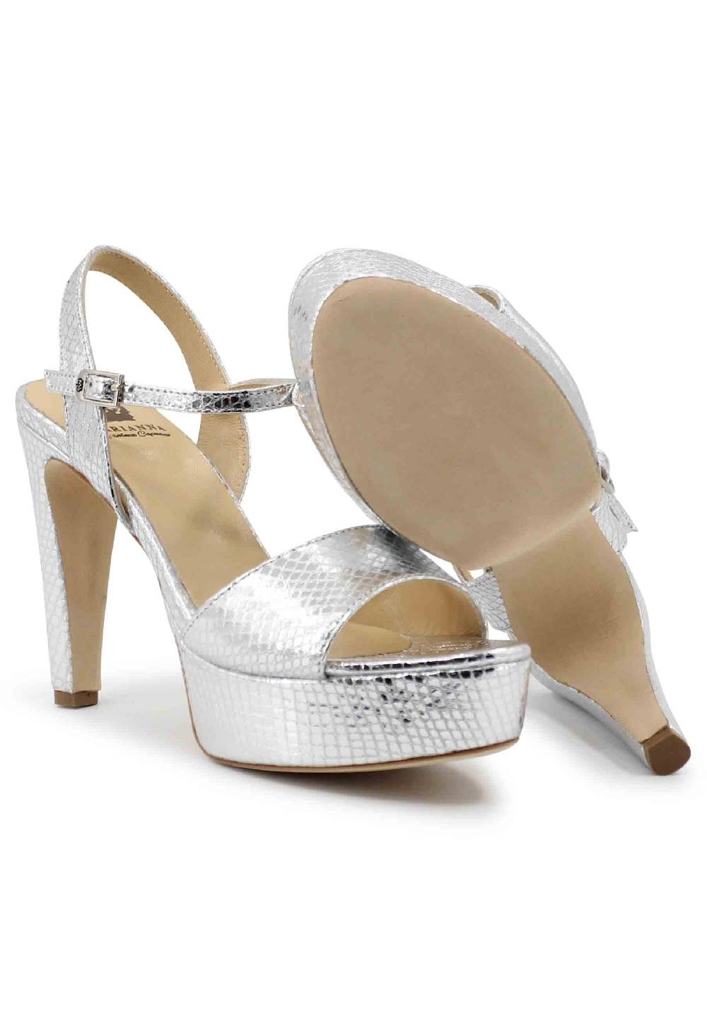 L'ARIANNA Sandali DS1610 donna in pelle laminata stampata argento con tacco alto e plateau Nuova