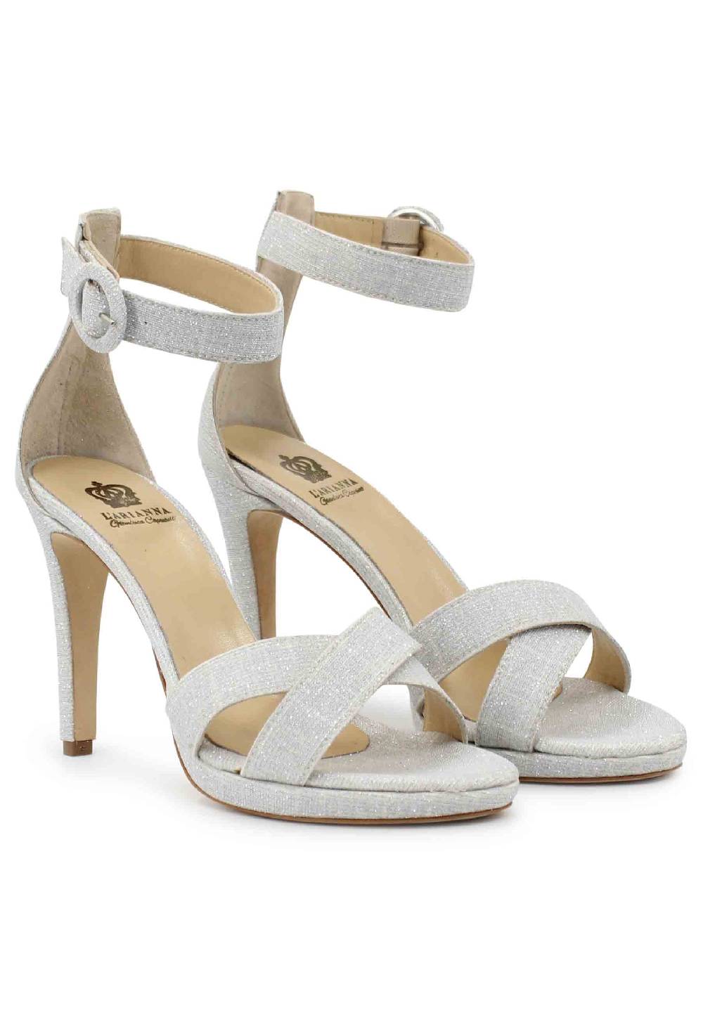 L'ARIANNA Sandali DS1507 donna in tessuto off white con tacco alto e cinturino alla caviglia 2025