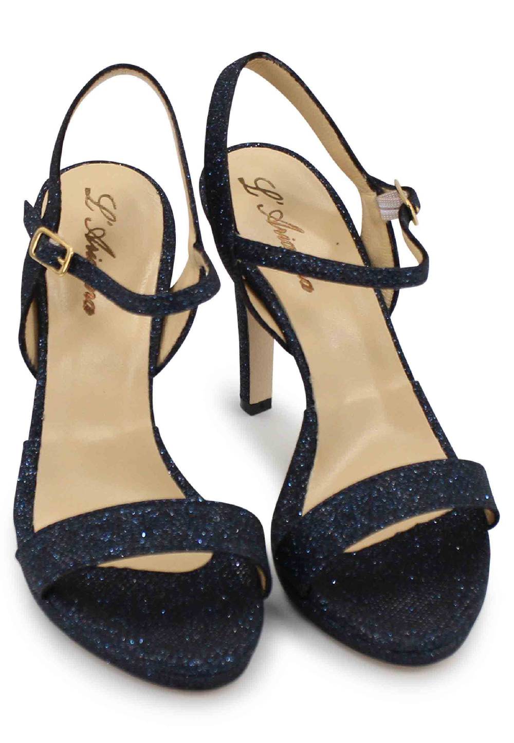 L'ARIANNA Sandali ds7054 donna in glitter blu con tacco alto e cinturino alla caviglia Spedizione Gratuita
