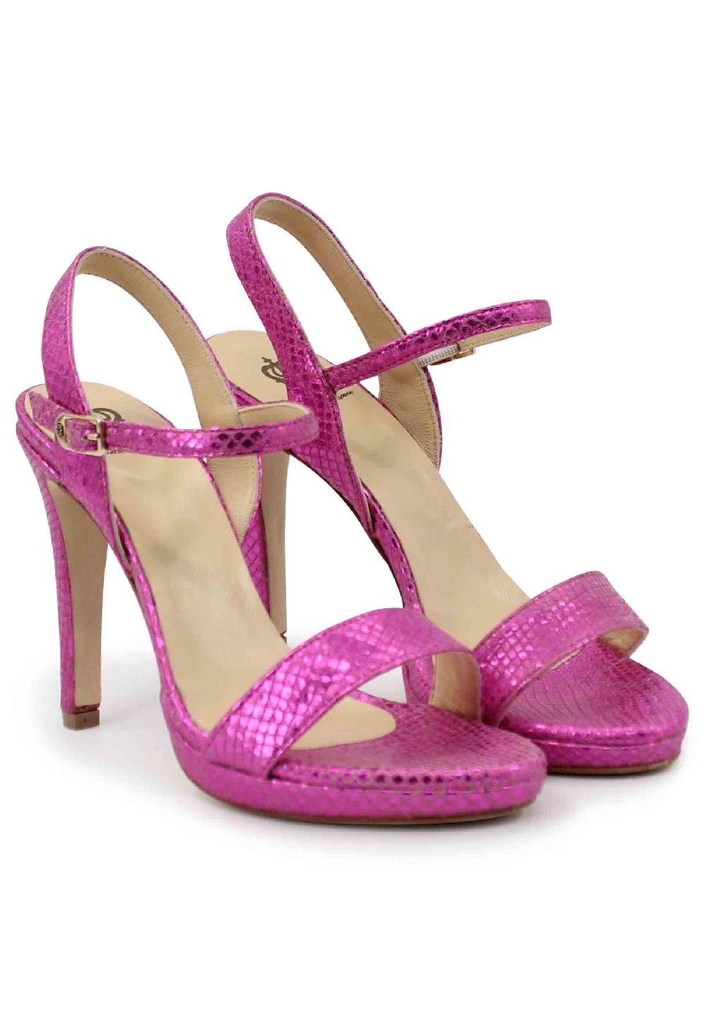 L'ARIANNA Sandali ds7054donna in pelle laminata fuxia effetto serpente con tacco alto e cinturino alla caviglia Soddisfazione Garantita