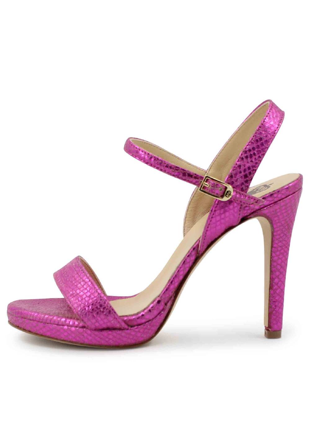 L'ARIANNA Sandali ds7054donna in pelle laminata fuxia effetto serpente con tacco alto e cinturino alla caviglia Soddisfazione Garantita