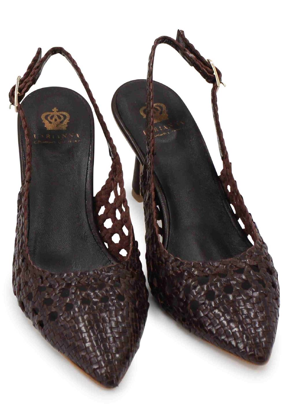 L'ARIANNA Decollete slingback in pelle intrecciata marrone tacco alto Online