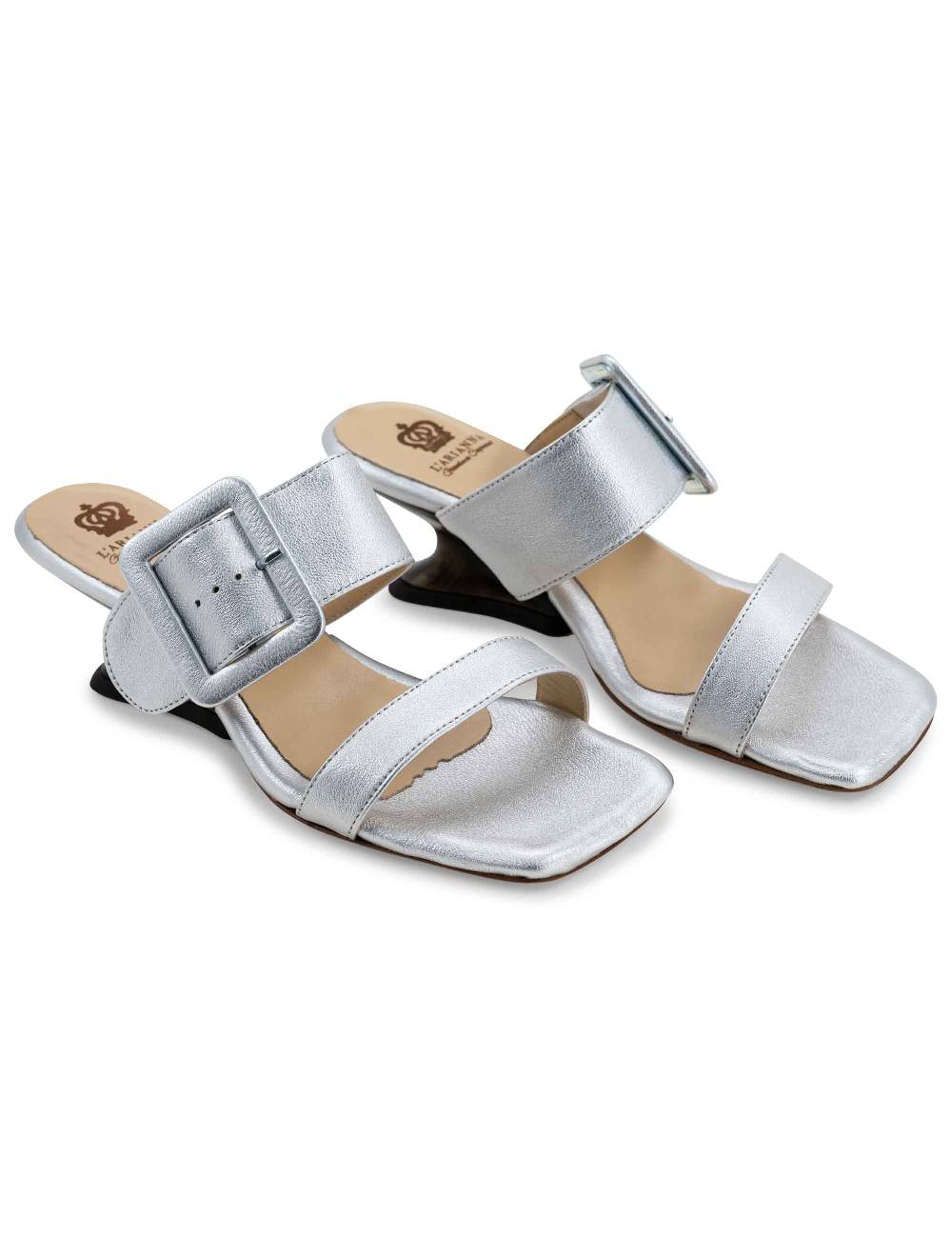 L'ARIANNA Sandali ds1359/z donna in pelle laminata argento con zeppa bassa Saldi Di Fabbrica