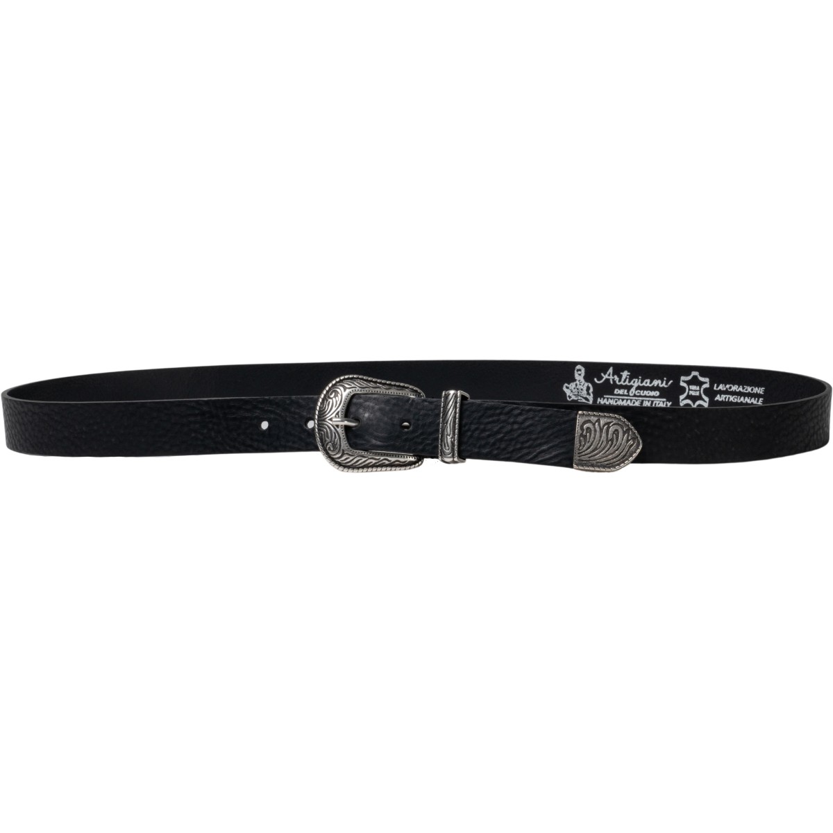 Lartigiano Del Cuoio Cintura western donna in pelle nero con puntale in metallo inciso Vendita Calda