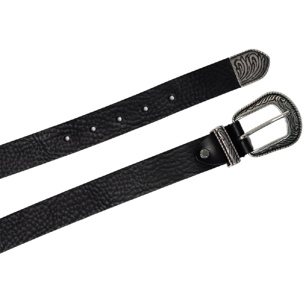 Lartigiano Del Cuoio Cintura western donna in pelle nero con puntale in metallo inciso Vendita Calda