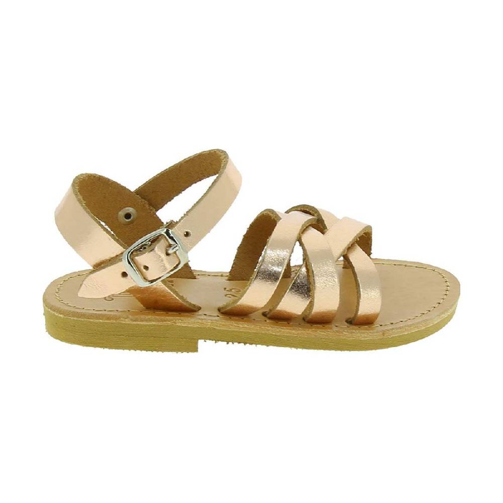 Lartigiano Del Cuoio Sandali intrecciati gladiatore da bambina in pelle di vitello laminata oro rosa chiusura con fibbia In Linea