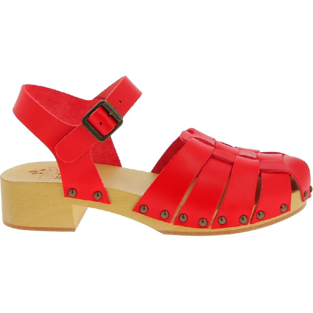 Lartigiano Del Cuoio Zoccoli da donna in legno artigianali con tomaia a gabbia in pelle rossa Saldi